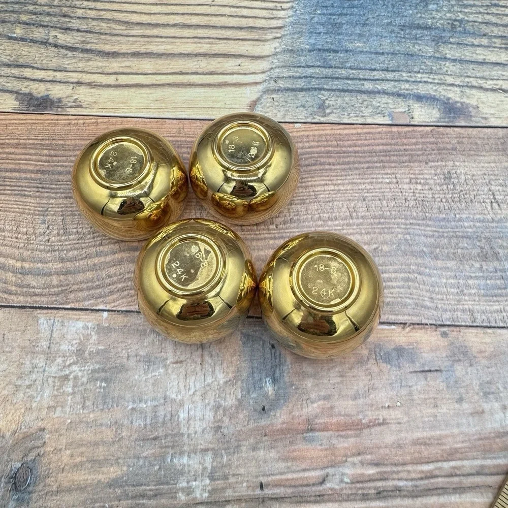 Vintage Korean SOJU Shot Glass 24K Gold Plated Set‎ of 4 Stainless Steel Sake